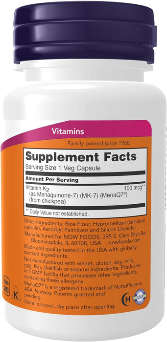 Now Foods - Capsulas de MK-7 Vitamina K-2 100mcg - 60 Caps