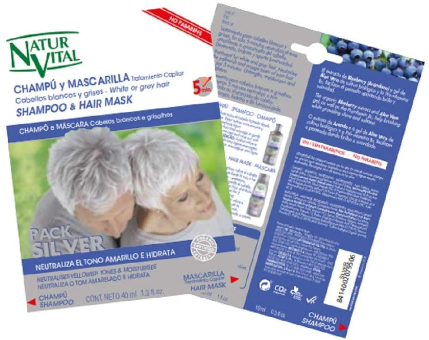 NaturVital - Tratamiento Capilar Shampoo 10ml y Mascarilla 30ml para Cabellos Blancos y Grises