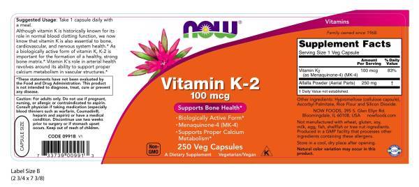 Now Foods - Vitamina K-2 100mcg - 250 Cápsulas Vegetales